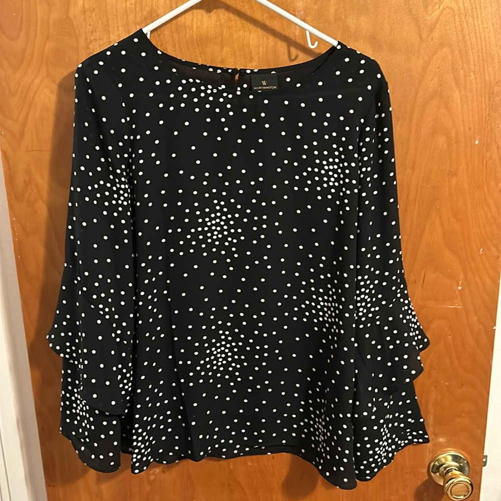 Worthington Black with White Polka Dots Ruffled Long Sleeve Shirt